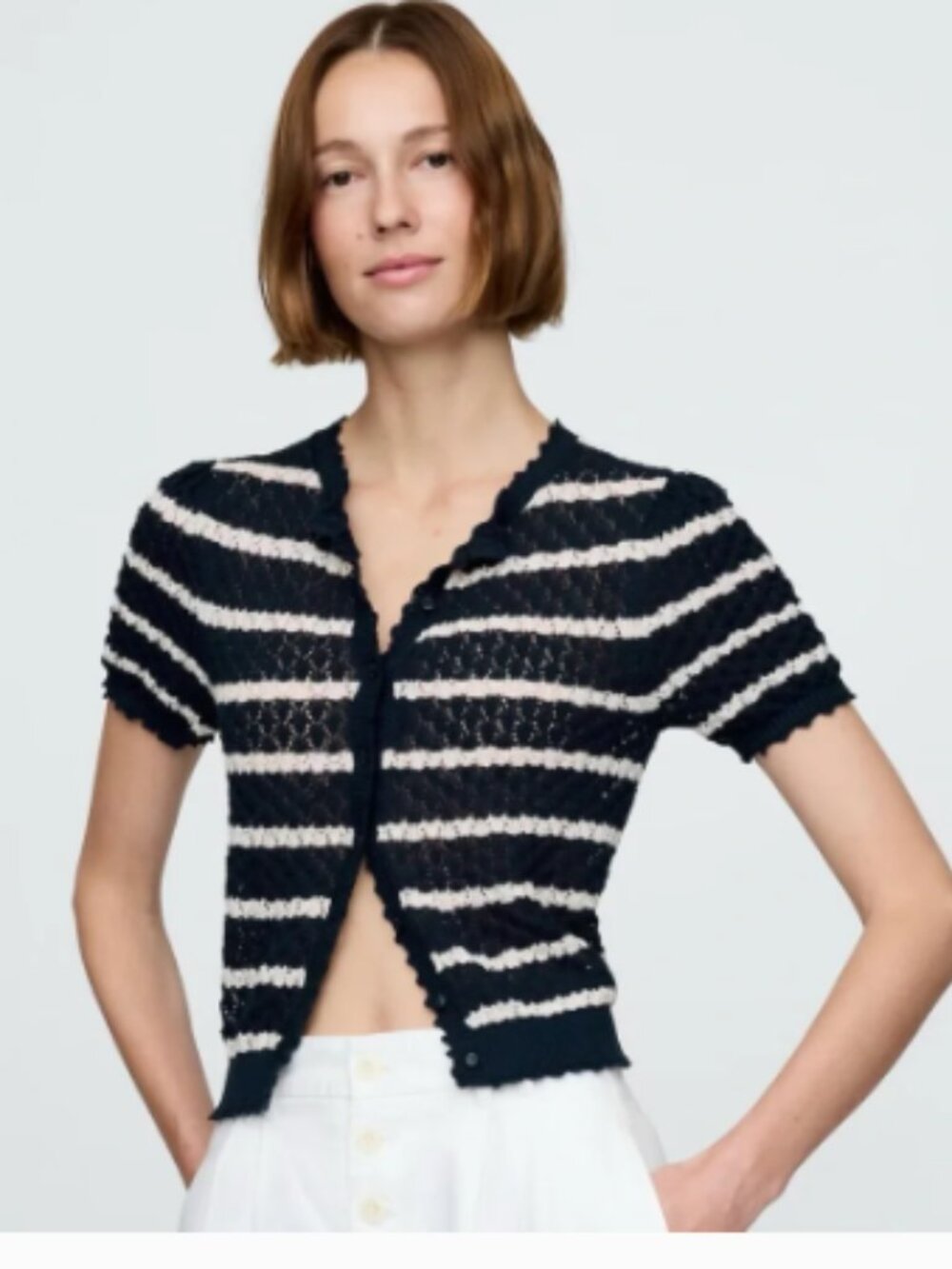 GAP x DOEN Navy and White Striped Lace-Knit Short Sleeve Cardigan